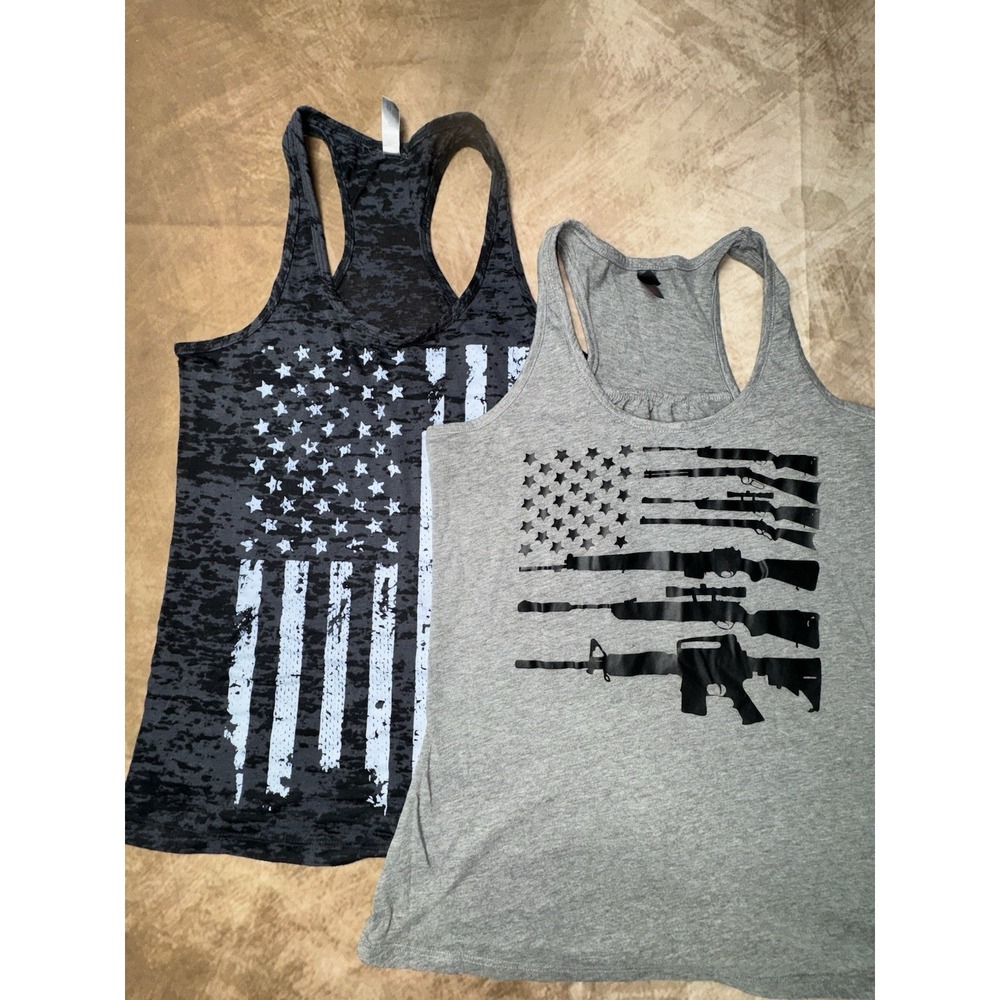 2 Women's Tank Tops Patriotic USA Flag Guns Next level, District made Medium